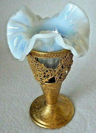 Antique Opalescent Milk Glass Vase With Gold Filigree Metal Stand