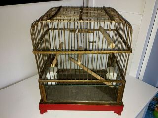 Antique Art Deco Gilt Metal Bird Cage Finch Cage Ceramic Feeders - Glass Panels
