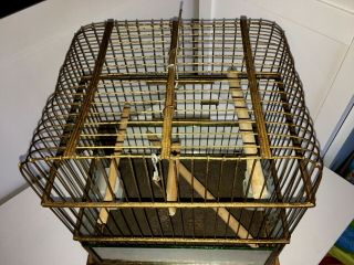 ANTIQUE ART DECO GILT METAL BIRD CAGE FINCH CAGE CERAMIC FEEDERS - GLASS PANELS 2