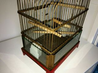 ANTIQUE ART DECO GILT METAL BIRD CAGE FINCH CAGE CERAMIC FEEDERS - GLASS PANELS 3