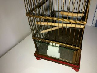 ANTIQUE ART DECO GILT METAL BIRD CAGE FINCH CAGE CERAMIC FEEDERS - GLASS PANELS 4