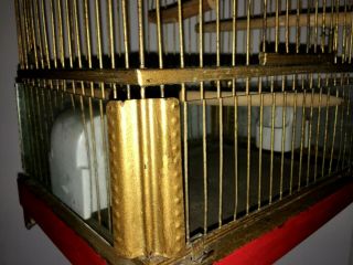 ANTIQUE ART DECO GILT METAL BIRD CAGE FINCH CAGE CERAMIC FEEDERS - GLASS PANELS 5