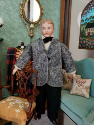 Dollhouse Miniature Antique Vintage Bisque Male Doll Felt Suit See Pic Numbered