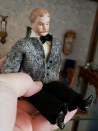 DOLLHOUSE MINIATURE ANTIQUE VINTAGE BISQUE MALE DOLL FELT SUIT SEE PIC NUMBERED 3