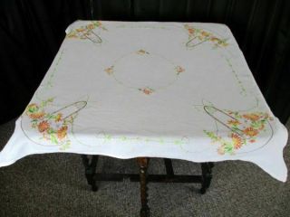 VINTAGE TABLECLOTH HAND EMBROIDERED BASKETS OF FLOWERS 2