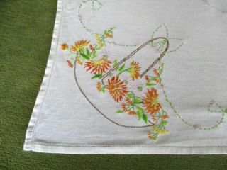 VINTAGE TABLECLOTH HAND EMBROIDERED BASKETS OF FLOWERS 4
