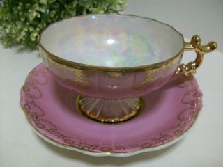 Vintage Japan Raspberry Pink Luster Gold Trim Teacup Saucer Hand Painted Tea Cup