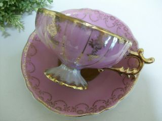 Vintage Japan Raspberry Pink Luster Gold Trim Teacup Saucer Hand Painted Tea Cup 2