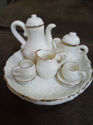 Porcelain Miniature Tea Set; Ivory,  Soft White,  Gold Trim; Doll House Decoration