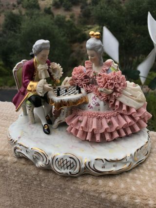 Rare Vintage Dresden Porcelain And Lace Figurine Of Couple Playing Chess