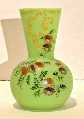 Antique Bristol Glass Opaline Green Vase Hand Painted Pink And Purple Flowers