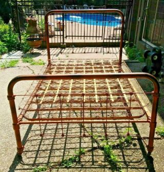 Antique Cast Iron Bed With Springs And Rails Full Size Painted Copper Color