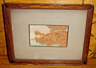 Vintage / Old Small Picture - Hand Carved Wood House Trees & Boat By Sea