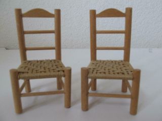 2 Vintage Handmade Miniature Wood Ladder Back Chairs Woven Rush Seats Dollhouse