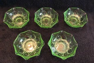 Antique Hazel Atlas Green Depression Glass: Small Embossed Scalloped Bowls (5)