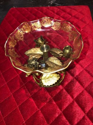 Vintage Gold Gilt Metal Tole Roses Glass Pedestal Platter Dish Hollywood Regency
