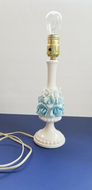 Vintage Cottage Shabby Chic Milk Glass Porcelain Blue Roses Table Lamp Boudior