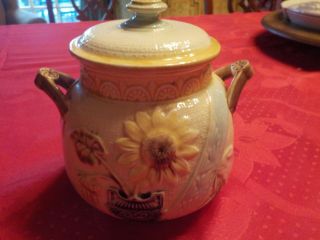 Antique English Majolica Sugar Bowl W Lid Samuel Lear Sunflower W Classical Urn