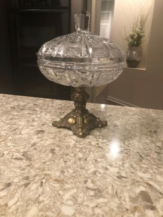 Antique Glass Candy Dish On Pedestal With Lid.  Stands 9” Tall