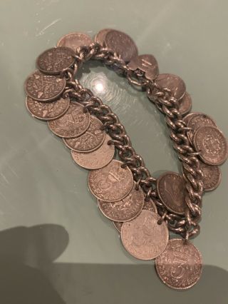 Antique/ Vintage Silver Charm Bracelet Threepence Hallmarked Heart Clasp
