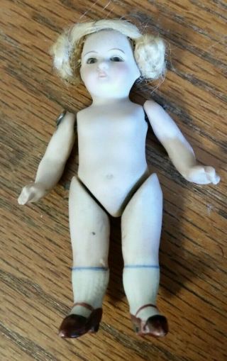 Vintage Miniature Bisque Doll - Jointed - Wig - Molded Shoes