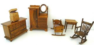 Vintage Dollhouse Miniature Rocking Chair Bassinet Armoire Dresser Bedroom Set