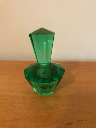 Vintage Art Deco Cut Glass Emerald Green Scent Perfume Bottle