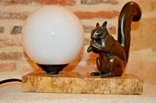 French Art Deco Table Lamp Spelter Squirrel On Marble Base Signed M Leducq
