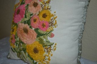 Vintage Crewel Embroidered Throw Pillow Floral Flower 1970s 13 "