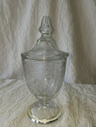 Vintage Clear Frosted Embossed Glass Candy Dish With Lid 9 " With Finial