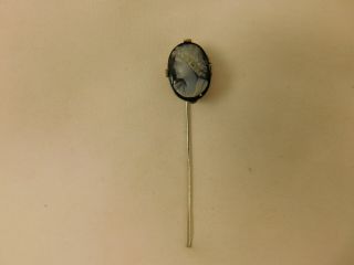 Antique Victorian 14k Filigree White Gold Black Onyx Cameo Stick Pin