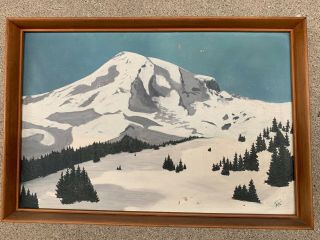 Vintage Framed Oil Painting On Board Mt Rainier Washington 18 " X 12 "