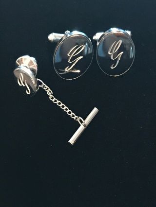 Vintage Initial G Etched Silver Tone Cufflinks Tie Pin Set