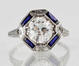 925 Sterling Silver 2 Ct Round Diamond Sapphire Antique Art Deco Engagement Ring