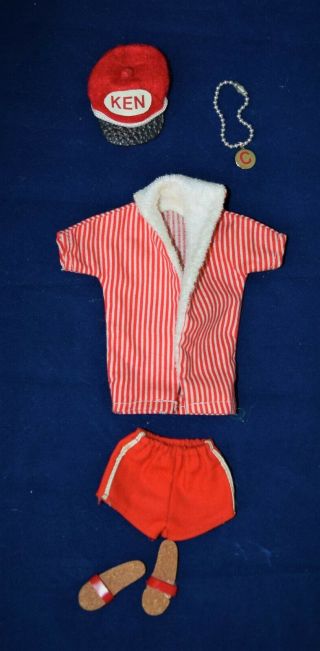 Vintage 1961 Ken Barbie 2 Piece Swim Suit,  Cork Sandals,  Hat & Necklace Great