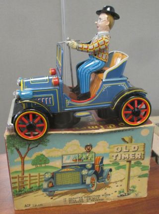Vintage Yonezawa Tin Litho Old Timer 1900 Antique Car Toy W/orig Box