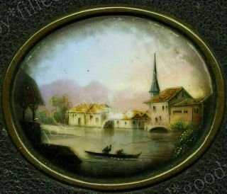Wonderful Uncommon Antique 19th Century Miniature Painting Of Enchanting Village