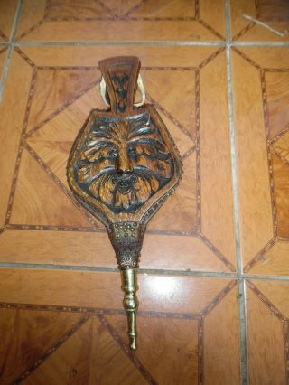 Antique Gothic Carved Oak Bellows Mythical Green Man Head Carving Circ 1880