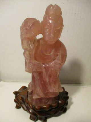 Antique Chinese Pink Rose Quartz Hand Carved Statue Of Woman 7 " H