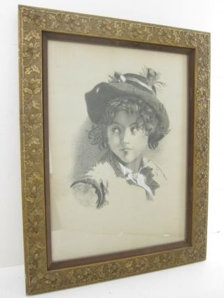 Girl In A Hat Antique Charcoal Drawing & Ornate Victorian Style Gilt Frame 20x26