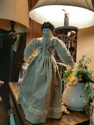 Antique 14 Inch China Head Doll In Antique Pale Celery Velvet Colored Dress