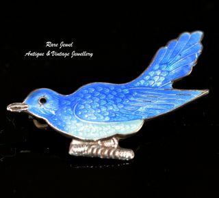 Antique Victorian Sweetheart Brooch Silver Enamel Blue Bird Exquisite
