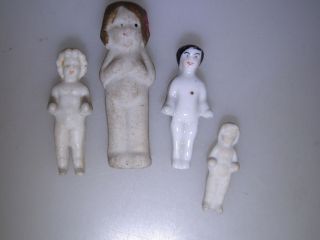 Group Of 4 Tiny Antique Frozen Charlotte Bisque & Porcelain