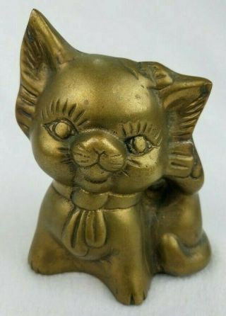 Rare - Vintage Antique Cat With Neck Bow Bank - Brass - Cast Iron Metal