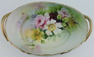 Antique Noritake Hand Painted Rose Flower Gold Moriage Oval Handled Vase Bowl