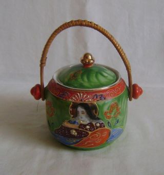 Vintage Japanese Satsuma Porcelain Sugar Or Jam Pot With Cane Handle C.  1930/60