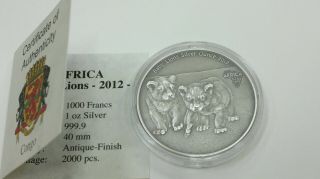 2012 Congo Baby Lions Silver 1oz 999 Antique Finish