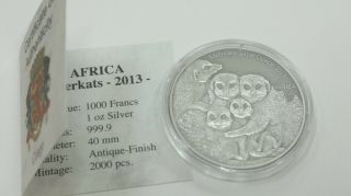 2013 Congo Meerkats Silver 1oz 999 Antique Finish