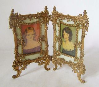 Pair Portrait Miniatures Of Young Girls In Antique Brass Double Frame C.  1800s