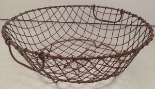 Vintage Rusty Metal Wire Round Basket W/ Handles